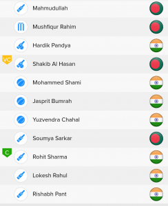 ICC WC Match 40th IND VS BAN Ballebaazi Classic team