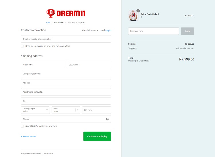 dream11 tshirt shipping information