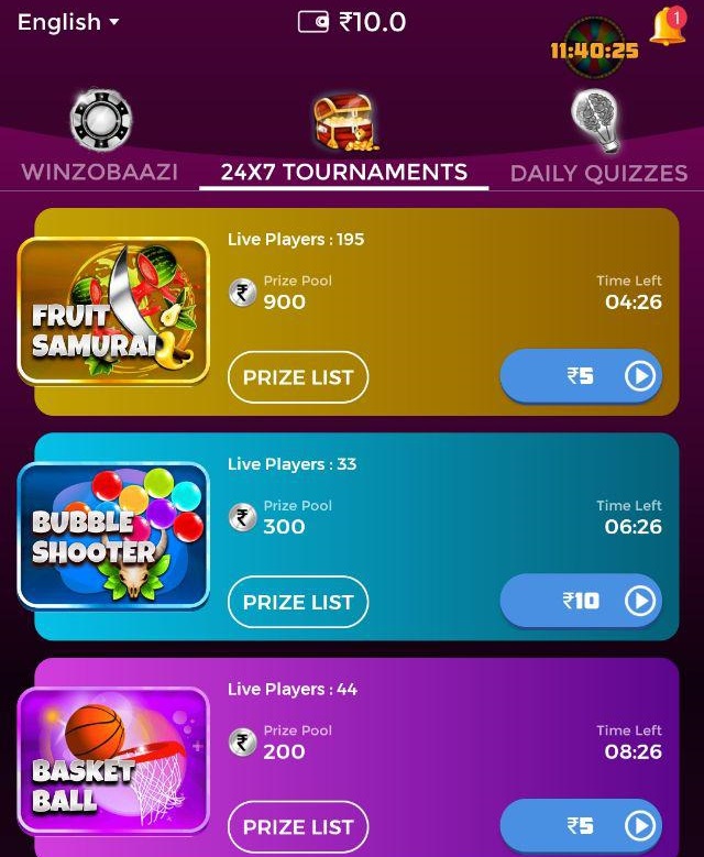winzo app 24X7 tournaments