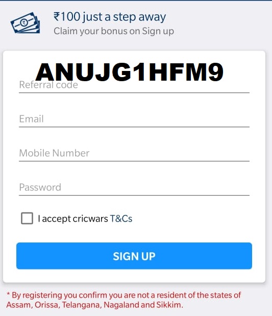 cricwars signup bonus form