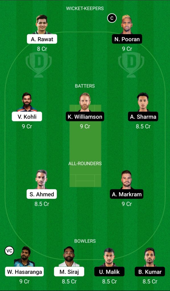 BLR vs SRH Dream11 Team For Grand League