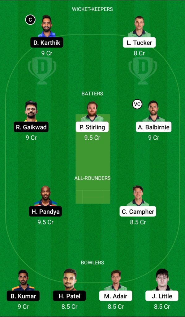 IRE vs IND Dream11 Team For Grand League