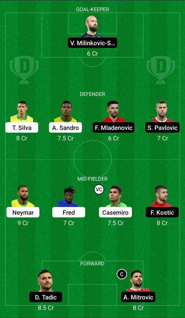 BRA vs SER Dream11 Team For Grand League