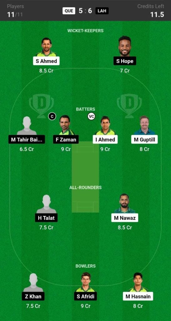 QUE vs LAH Dream11 Team Small League