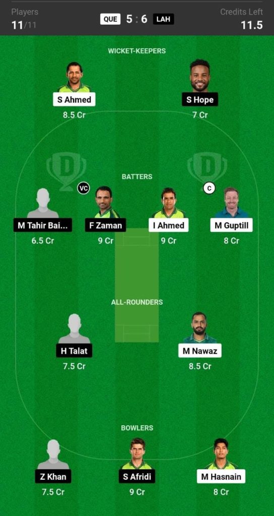 QUE vs LAH Dream11 Team Grand League