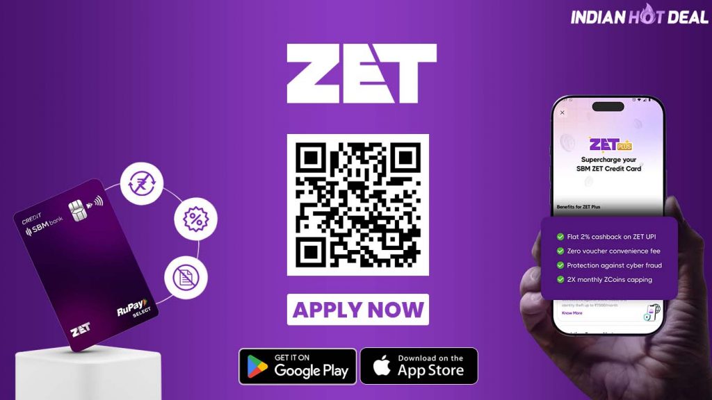 SBM ZET Credit Card app dashboard showing FD-backed credit limit and cashback rewards